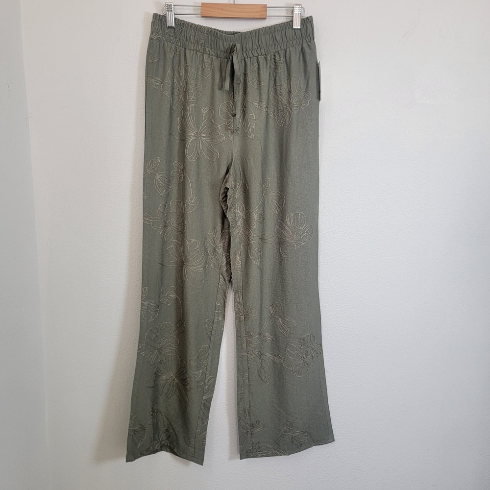 Messini Olive Green Floral Embroidered Wide Leg Pant PS NWT Travel Vacation
